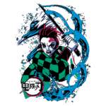 Personagem do anime "Demon Slayer" empunhando uma espada, com uma expressão determinada, vestindo um traje xadrez verde e preto, e um dragão estilizado ao fundo.
