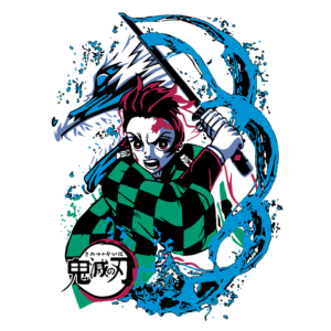 Personagem do anime "Demon Slayer" empunhando uma espada, com uma expressão determinada, vestindo um traje xadrez verde e preto, e um dragão estilizado ao fundo.