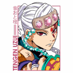 Retrato de Tengen Uzui, personagem do anime "Demon Slayer", com cabelo branco, acessórios coloridos e uma expressão determinada. Ele usa um colar de pedras preciosas e possui marcas faciais distintivas.