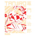 Imagem de Tanjiro Kamado, personagem principal de Kimetsu no Yaiba, com cabelo vermelho e uniforme xadrez. Ele segura uma espada e está em uma pose de combate, cercado por ondas de água. O fundo apresenta linhas diagonais e texto em japonês.