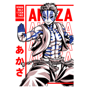 Personagem de anime demoníaco, masculino, com 173 cm e 74 kg, apresentando uma pose de combate. O design inclui padrões de pintura azul e verde no rosto e corpo, vestindo um traje de lutador. Texto em destaque ao fundo.