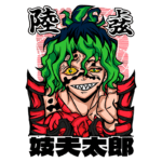 Personagem de anime com cabelo verde e azul, expressão maliciosa, e detalhes de pele manchada, vestindo uma roupa vermelha com elementos pretos. Ideal para fãs de cultura pop japonesa e ilustrações de personagens de anime.