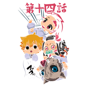 Personagens de anime em estilo chibi, incluindo um garoto com cabelo laranja, uma garota com cabelo escuro e uma máscara, e um animal, todos representando a cena do episódio 14, com texto em japonês acima.