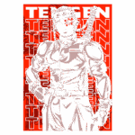 Imagem de um personagem estilizado, com cabelo preso, usando uma faixa na cabeça e vestindo um uniforme, posando com uma mão na cintura. Ao fundo, um padrão repetido da palavra "TEGEN" em vermelho. O personagem exibe uma espada nas costas e tem um olhar determinado.