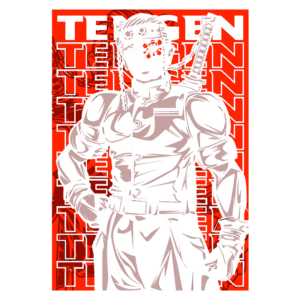 Imagem de um personagem estilizado, com cabelo preso, usando uma faixa na cabeça e vestindo um uniforme, posando com uma mão na cintura. Ao fundo, um padrão repetido da palavra "TEGEN" em vermelho. O personagem exibe uma espada nas costas e tem um olhar determinado.