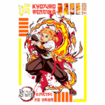 Kyojuro Rengoku, personagem de Demon Slayer, em ação com chamas ao redor, vestindo um uniforme de caçador de demônios. Fundo colorido com elementos gráficos que destacam sua força e determinação.