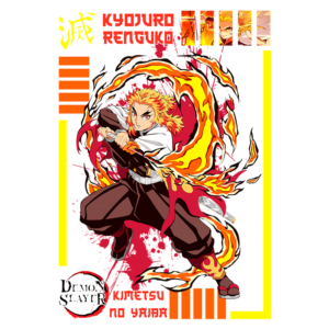Kyojuro Rengoku, personagem de Demon Slayer, em ação com chamas ao redor, vestindo um uniforme de caçador de demônios. Fundo colorido com elementos gráficos que destacam sua força e determinação.