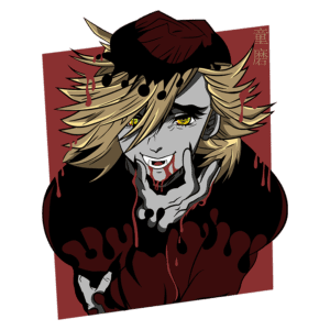 Ilustração de um personagem com cabelo loiro desgrenhado e olhos amarelos, fazendo uma expressão maliciosa enquanto segura a mão em seu rosto. O fundo é vermelho, com detalhes em preto e manchas de sangue, criando uma atmosfera sombria e intrigante.