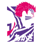 Personagem anime com cabelo rosa e marcas de pintura facial, exibindo uma expressão de raiva e determinação, com fundo em cores vibrantes e a palavra "あかざ" em destaque.