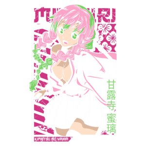 Personagem de anime com cabelo rosa e olhos verdes, vestindo um traje preto e branco. Ela está sorrindo e fazendo um gesto amigável, com um fundo colorido e elementos florais.