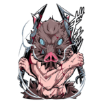 Personagem de anime com cabeça de javali, segurando lanças, com expressão feroz e detalhes sangrentos. Fundo verde destaca a arte estilizada.