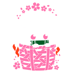 Personagem de anime com cabelo longo e laço, espiando de uma cesta rosa, segurando um tubo verde, rodeada de flores de cerejeira.