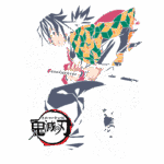Imagem do personagem Giyu Tomioka, da série de anime "Demon Slayer", vestido com um kimono colorido e segurando uma espada, com texto em japonês e o logotipo da série.