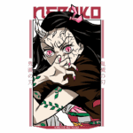 Imagem de Nezuko Kamado, personagem do anime "Kimetsu no Yaiba", com olhos rosa e traços demoníacos. Ela exibe garras e possui uma expressão determinada, vestindo roupas tradicionais japonesas decoradas com folhas verdes. O fundo contém o nome "Nezuko" em destaque.