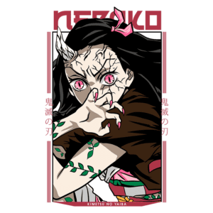 Imagem de Nezuko Kamado, personagem do anime "Kimetsu no Yaiba", com olhos rosa e traços demoníacos. Ela exibe garras e possui uma expressão determinada, vestindo roupas tradicionais japonesas decoradas com folhas verdes. O fundo contém o nome "Nezuko" em destaque.
