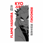 Imagem do personagem Rengoku Kyojuro, conhecido como Hashira da Chama, com um design marcante e expressivo. A arte destaca seu cabelo chamativo e traços intensos, com textos em português e japonês que identificam seu nome e título. Ideal para fãs de Demon Slayer e cultura anime.