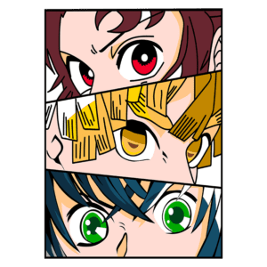 Ilustração em estilo anime mostrando três personagens com expressões intensas, cada um com olhos de cores distintas: vermelho, amarelo e verde. A imagem destaca detalhes dos rostos, enfatizando emoções e características únicas.