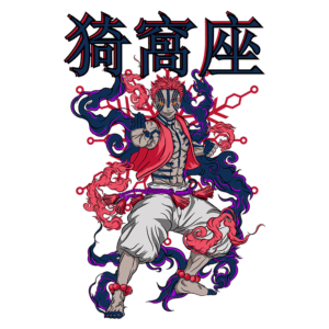 Ilustração de um personagem de estilo anime com cabelo vermelho e uma roupa tradicional, em uma pose de luta, cercado por um efeito visual de chamas coloridas. O fundo apresenta caracteres japoneses que representam seu nome ou título. Ideal para fãs de cultura pop e arte de mangá.