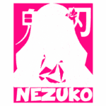 Imagem de Nezuko, personagem do anime "Demon Slayer", com cabelo longo e uma fita na cabeça, usando um kimono colorido. O fundo é rosa vibrante com o nome "NEZUKO" em letras grandes e brancas.