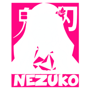 Imagem de Nezuko, personagem do anime "Demon Slayer", com cabelo longo e uma fita na cabeça, usando um kimono colorido. O fundo é rosa vibrante com o nome "NEZUKO" em letras grandes e brancas.