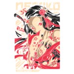 Ilustração de Nezuko, personagem de Demon Slayer, com cabelo preto e vermelho, segurando uma máscara de raposa. O fundo apresenta elementos de espada e flores, destacando o estilo artístico do anime.