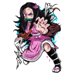 Personagem de anime com cabelo longo e preto, vestindo um quimono rosa e detalhes em branco, realizando um ataque com uma expressão determinada. Fundo dinâmico com elementos de ação em azul e preto.