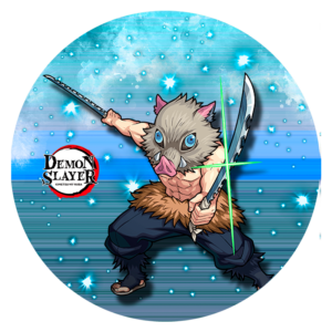 Personagem de Demon Slayer, usando uma máscara de javali e segurando duas espadas, em uma pose de combate dinâmica, com um fundo azul e estrelas brilhantes.