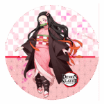 Personagem de anime em estilo kawaii, vestindo um quimono rosa e preto, com cabelo longo e solto, segurando uma máscara facial. Fundo com padrão de flores de cerejeira e logo da série "Demon Slayer".