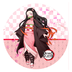 Personagem de anime em estilo kawaii, vestindo um quimono rosa e preto, com cabelo longo e solto, segurando uma máscara facial. Fundo com padrão de flores de cerejeira e logo da série "Demon Slayer".
