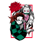 Ilustração de personagens de anime com estilo de arte em preto e branco, destacando um jovem com cabelo castanho e um padrão de quadrados verdes e pretos, e uma jovem com cabelo longo e liso, vestindo um kimono rosa. Ao fundo, uma flor vermelha e um contorno em vermelho.