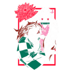 Ilustração de dois personagens de anime, um garoto com cabelo castanho e uma garota com cabelo longo e claro, ambos em poses de combate. O fundo apresenta uma flor e um contorno vermelho, destacando a temática de luta e amizade. Ideal para fãs de anime e cultura pop japonesa.