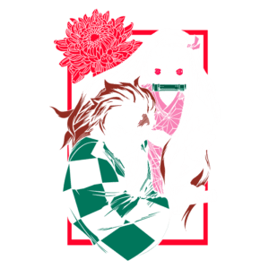 Ilustração de dois personagens de anime, um garoto com cabelo castanho e uma garota com cabelo longo e claro, ambos em poses de combate. O fundo apresenta uma flor e um contorno vermelho, destacando a temática de luta e amizade. Ideal para fãs de anime e cultura pop japonesa.