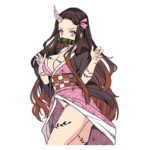 Personagem feminina de anime com cabelo longo e castanho, usando um vestido tradicional japonês. Ela tem chifres e uma faixa verde na boca, posando com as mãos levantadas. O fundo é verde, destacando os detalhes do traje e expressões marcantes.