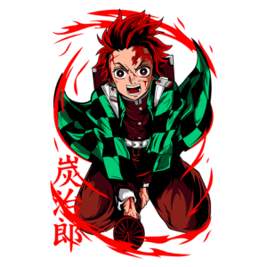 Personagem de anime com cabelo vermelho e uniforme xadrez verde e preto, sorrindo e em uma pose dinâmica. Ele é conhecido por sua coragem e determinação na luta contra demônios. Fundo com elementos gráficos em vermelho.