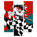 Personagem de anime segurando uma katana, com cabelo estilizado e expressão determinada, vestindo um traje xadrez em preto e branco, contra um fundo vibrante em vermelho e azul.