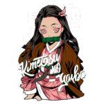 Personagem feminina de "Kimetsu no Yaiba" com cabelo longo e preto, usando um kimono marrom e uma faixa verde na boca, destacando-se em um fundo verde com o título da série em japonês.