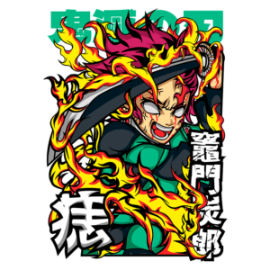 Personagem de anime com cabelo roxo e chamas ao redor, empunhando uma espada, expressando determinação e poder. Elementos gráficos vibrantes destacam sua figura heroica.