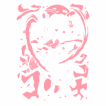 Ilustração de personagem feminino com cabelo longo e solto, em uma pose dinâmica, rodeada por elementos decorativos em tons de rosa. O design apresenta um estilo de arte inspirado em anime, destacando a expressão intensa do personagem e detalhes como roupas tradicionais e um fundo estilizado.