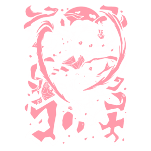 Ilustração de personagem feminino com cabelo longo e solto, em uma pose dinâmica, rodeada por elementos decorativos em tons de rosa. O design apresenta um estilo de arte inspirado em anime, destacando a expressão intensa do personagem e detalhes como roupas tradicionais e um fundo estilizado.