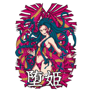 Ilustração de uma personagem feminina com cabelos longos e azul, vestindo um biquíni rosa, cercada por elementos gráficos vibrantes em tons de rosa e amarelo. A arte apresenta um estilo de anime, com detalhes intrincados e a inscrição de caracteres chineses na parte inferior.