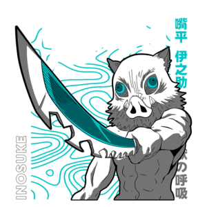 Ilustração do personagem Inosuke Hashibira de "Demon Slayer", segurando uma espada longa com uma expressão determinada, vestindo uma máscara de javali. O fundo apresenta um padrão ondulado em cores vibrantes, destacando o design do personagem.
