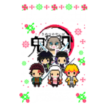 Imagem em pixel art dos personagens principais de Demon Slayer, com fundo verde e elementos decorativos de Natal. O título "DEMON SLAYER" está destacado na parte superior, e os personagens estão posicionados em uma formação central, empunhando suas espadas.