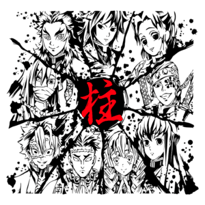 Imagem com personagens de anime em estilo artístico, apresentando um conjunto de dez figuras em um design dinâmico, com um fundo de manchas de tinta. O destaque central é um símbolo em vermelho, que representa a temática do grupo. Ideal para fãs de cultura pop e animes.