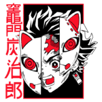 Ilustração de um personagem com máscara de gato, apresentando um design estilizado em verde e vermelho, com expressões faciais intensas. O fundo possui caracteres em vermelho, destacando a estética do anime.