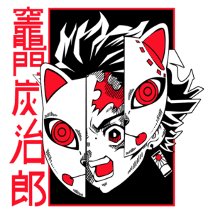 Ilustração de um personagem com máscara de gato, apresentando um design estilizado em verde e vermelho, com expressões faciais intensas. O fundo possui caracteres em vermelho, destacando a estética do anime.