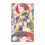 Ilustração colorida de personagens do anime "Demon Slayer", com destaque para Tanjiro no centro, cercado por outros personagens como Nezuko e Zenitsu, em um estilo artístico vibrante e dinâmico.