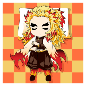 Personagem chibi adormecido com cabelo flamejante, vestido com traje escuro e detalhes em chamas, em um fundo quadriculado colorido.