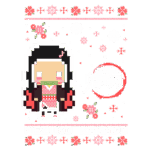 Imagem pixelada de Nezuko Kamado, personagem do anime Demon Slayer, vestindo um kimono e segurando um pedaço de bambu. O fundo apresenta flores e flocos de neve, com a inscrição "Nezuko Kamado" e o logotipo do anime. Ideal para fãs de cultura pop e animes.