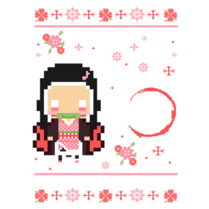 Imagem pixelada de Nezuko Kamado, personagem do anime Demon Slayer, vestindo um kimono e segurando um pedaço de bambu. O fundo apresenta flores e flocos de neve, com a inscrição "Nezuko Kamado" e o logotipo do anime. Ideal para fãs de cultura pop e animes.