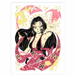 Ilustração de uma mulher poderosa com longos cabelos negros, usando um vestido vermelho e cercada por elementos gráficos vibrantes. Ela exibe uma expressão intensa enquanto levanta a mão, sugerindo movimento e energia. O fundo apresenta padrões em tons de rosa e amarelo, criando um efeito dinâmico e atraente.